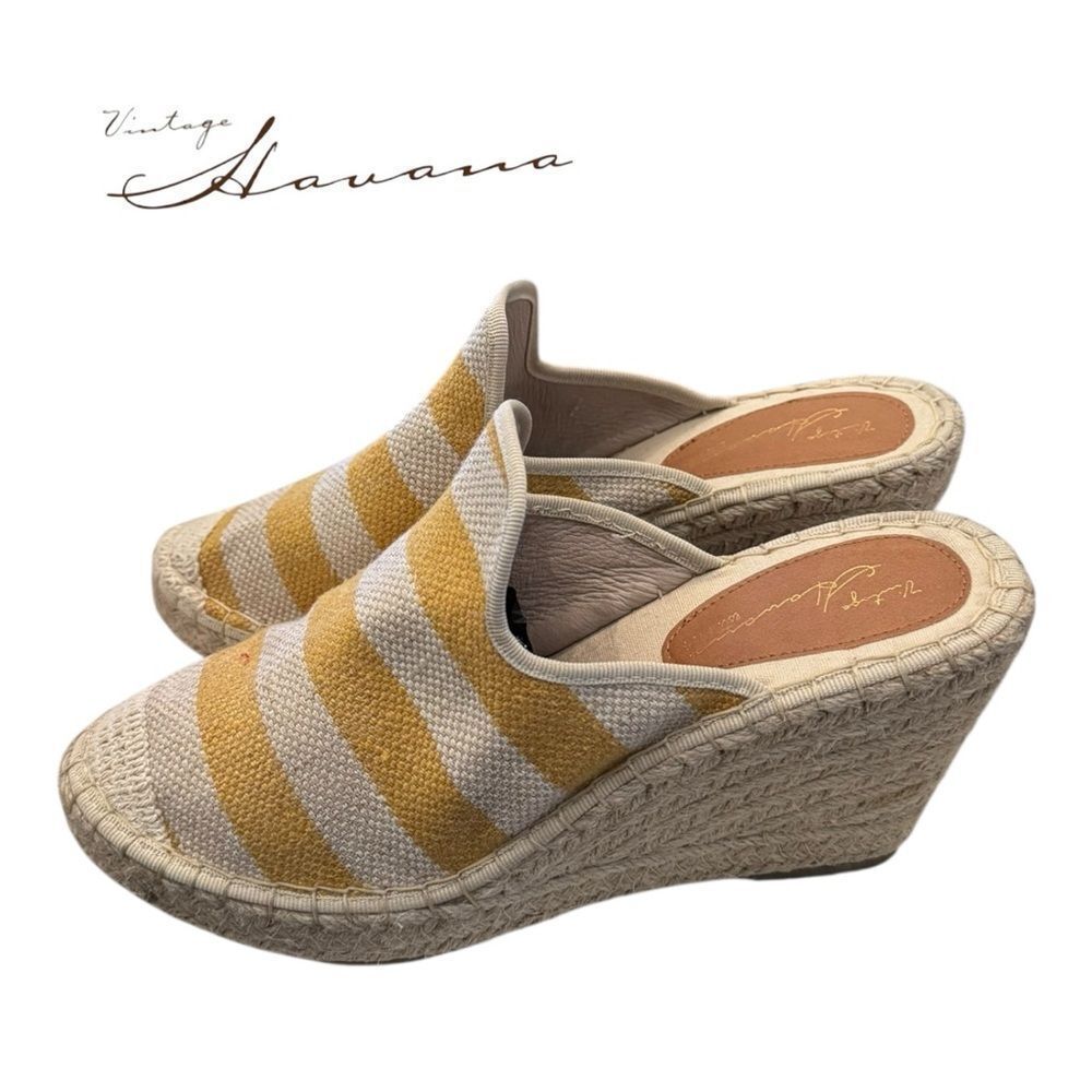 Vintage Havana Women's Elma Yellow Cream Striped Wedge Espadrille Mules 11